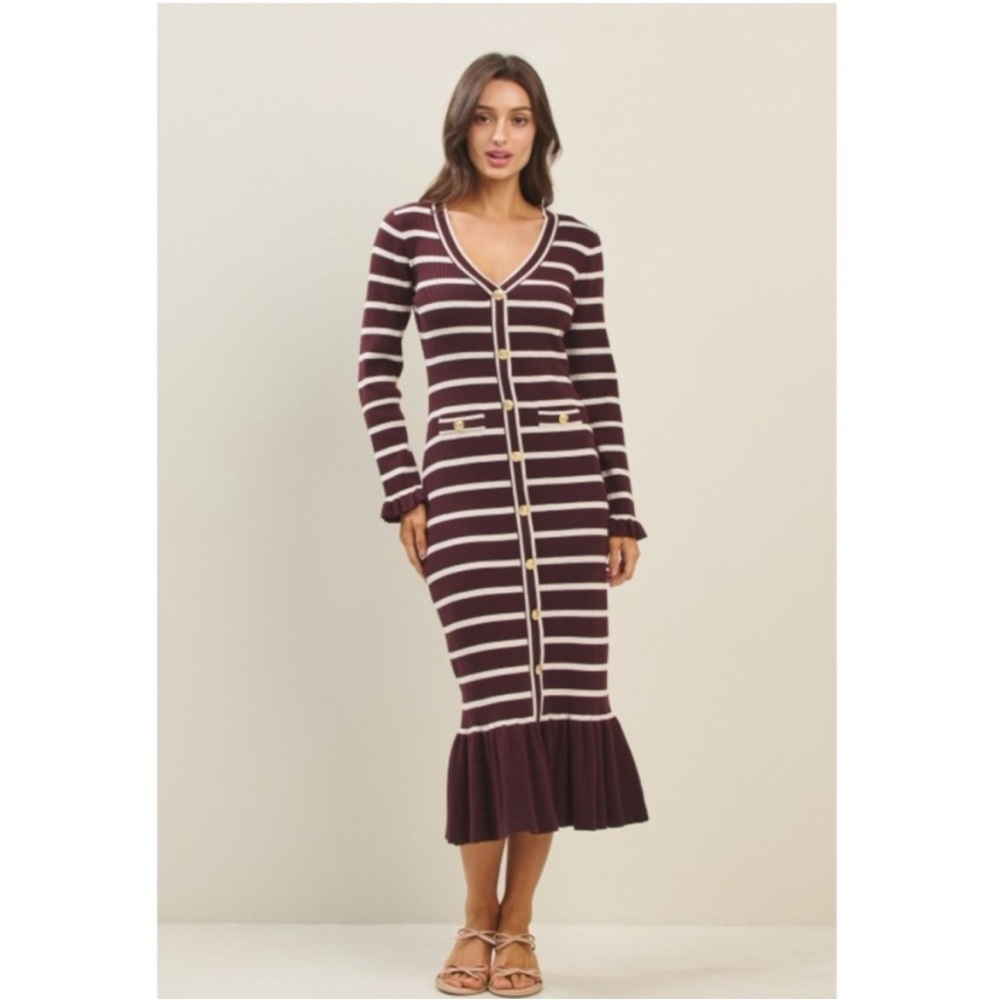 Striped Knit Midi ruffle Dress. S